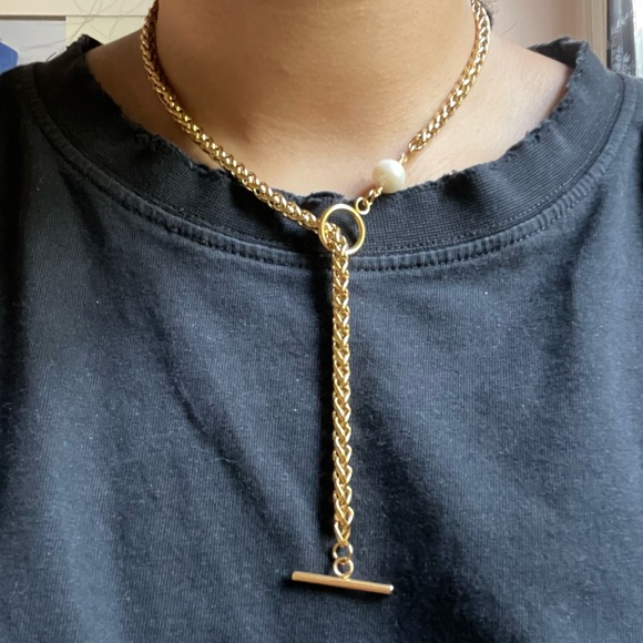 Freshwater pearl lariat toggle gold plated woven chain necklace boho layer white - Picture 6 of 8